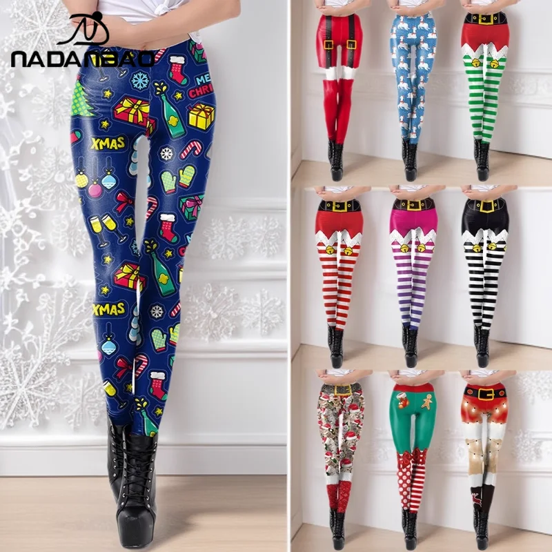 กางเกงเลกกิ้งลายคริสต์มาส Nadanbao ลายทางพิมพ์ 3 มิติ เอวกลาง ผู้หญิง กางเกงรัดรูปเซ็กซี่ กางเกงปาร์ตี้คริสต์มาสสุดฮา กางเกงโยคะลำลอง