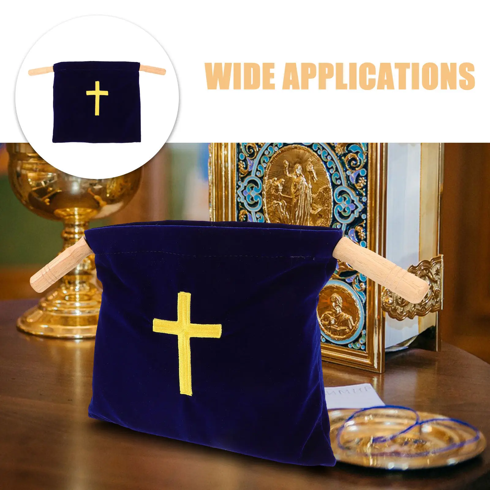 2Pcs Church Donation Bag 17x10 Inch Wooden Handle Religious Offering Basket for Baptism Holy Communion Church Collection