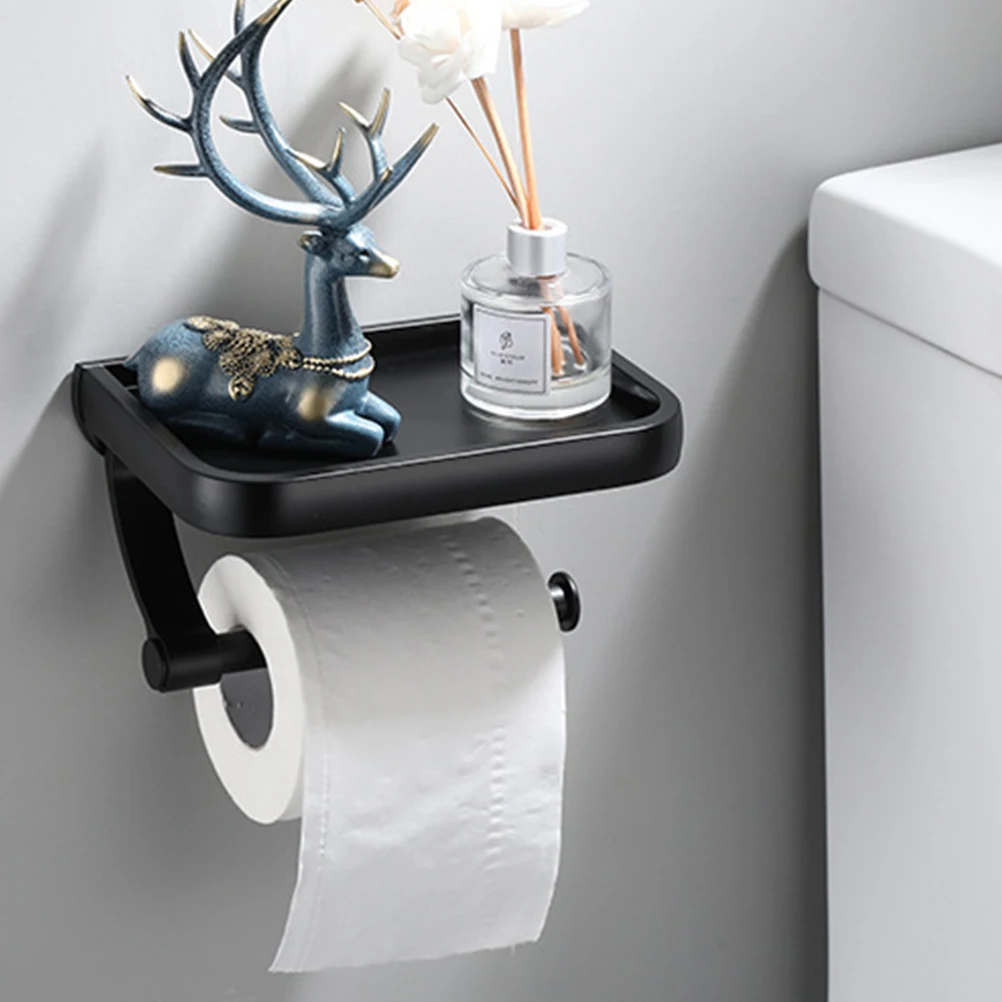 

1pc Multi-Function Toilet Roll Paper Rack Bathroom Phone Holder Sturdy Space Aluminum Wall-Mounted Home Storage Organizer Black