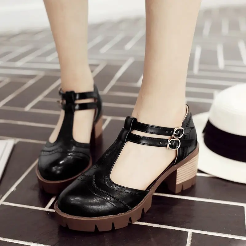 REAVE CAT Vintage Women Sandals Round Toe Block Heels Buckle T-straps Big Size 41 42 43 Daily Female Shoes