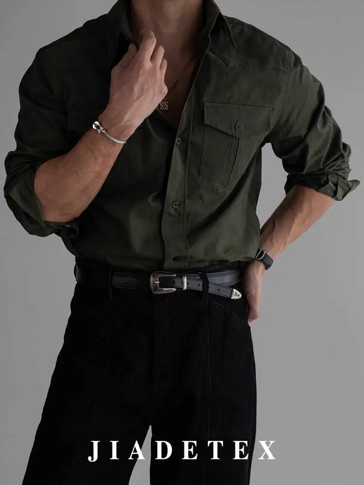 Military Green Cargo Shirt Jacket for Men Tough Style Double Pockets Autumn Spring High End Outerwear