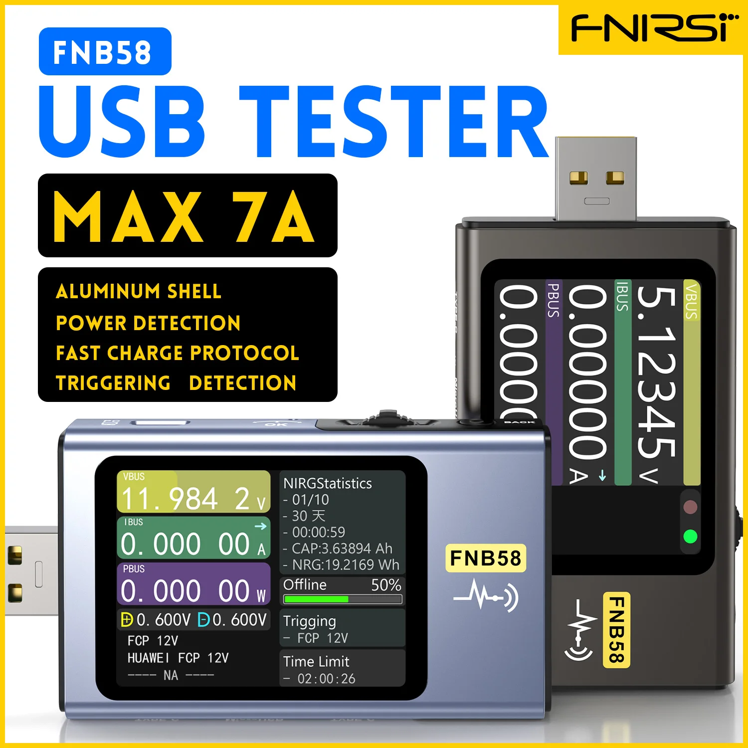 FNIRSI-FNB58 USB Voltage Tester TYPE-C Voltmeter Ammeter Fast Charge Detection Trigger Capacity Measurement Ripple Measurement