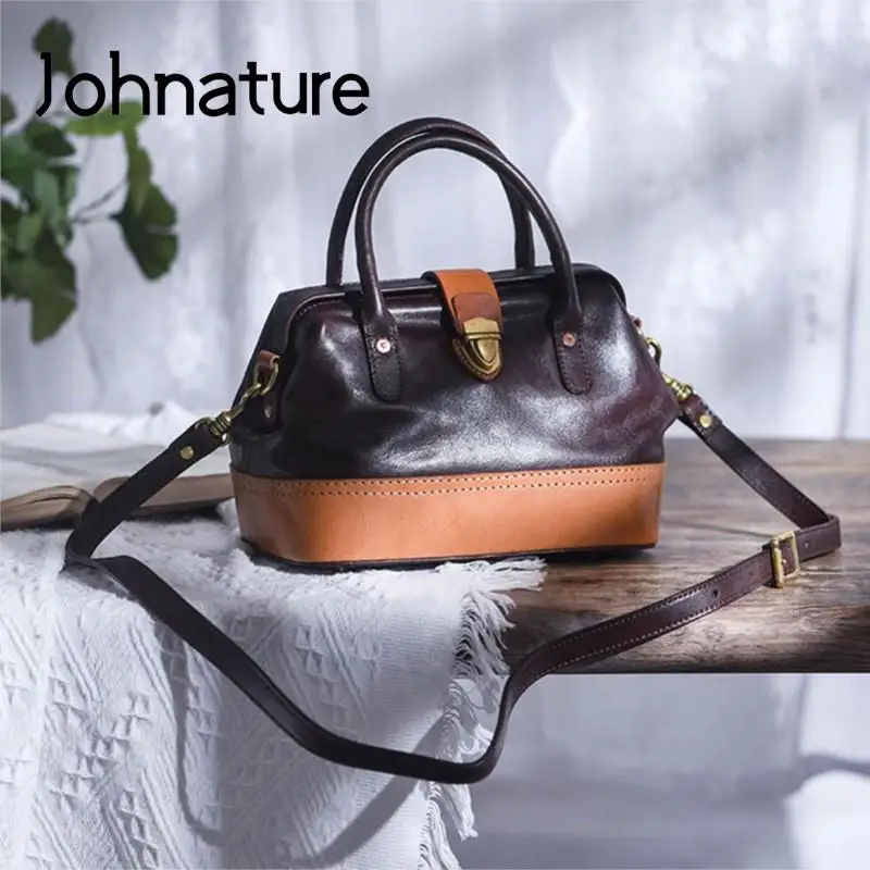 Johnature Vintage Doctor Bag Genuine Leather Large Capacity Commuter Women Shoulder Bags Real Cowhide Color Contrast Handbag