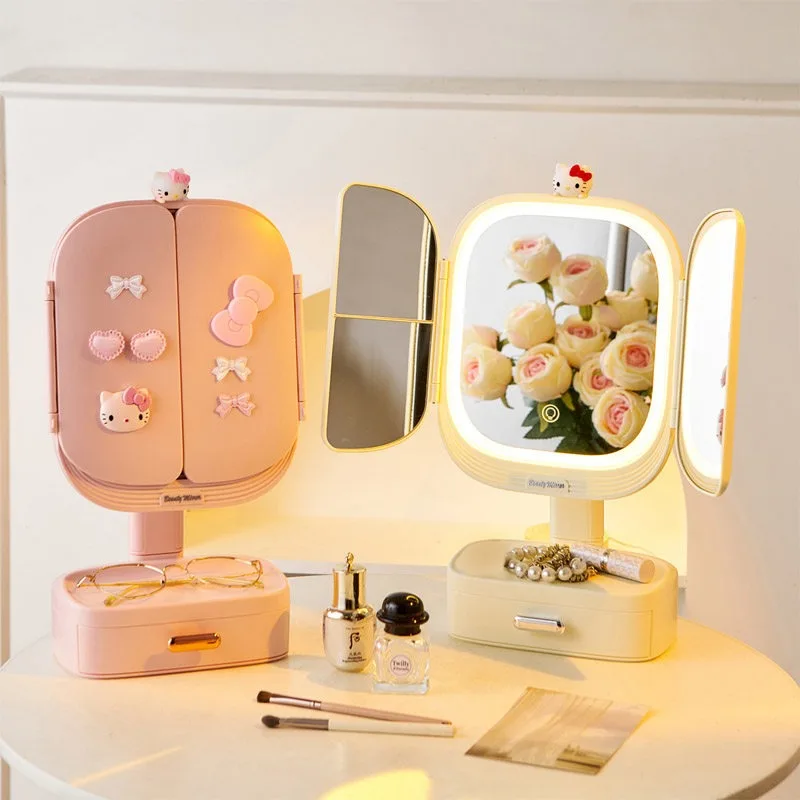 

Зеркало для макияжа Hello Kitty двойного назначения и шкатулка для хранения украшений (колье и колец), нишевый, практичный и элитный праздничный подарок