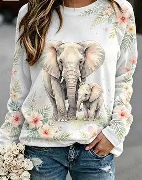 Women's Cute Cat Sweatshirt Cream Watercolor Floral Print Long Sleeve Round Neck Pullover Top