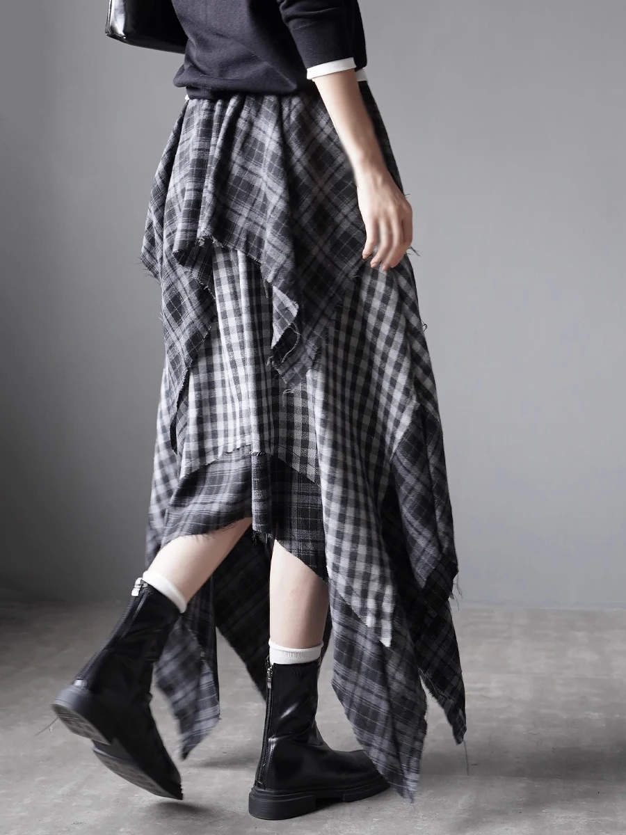 RORIRI القوطية غير المتكافئة طبقات تنورة منقوشة خمر مرونة الخصر فلوي كشكش الخام حافة تنورة طويلة كبيرة الحجم النساء الملابس #5