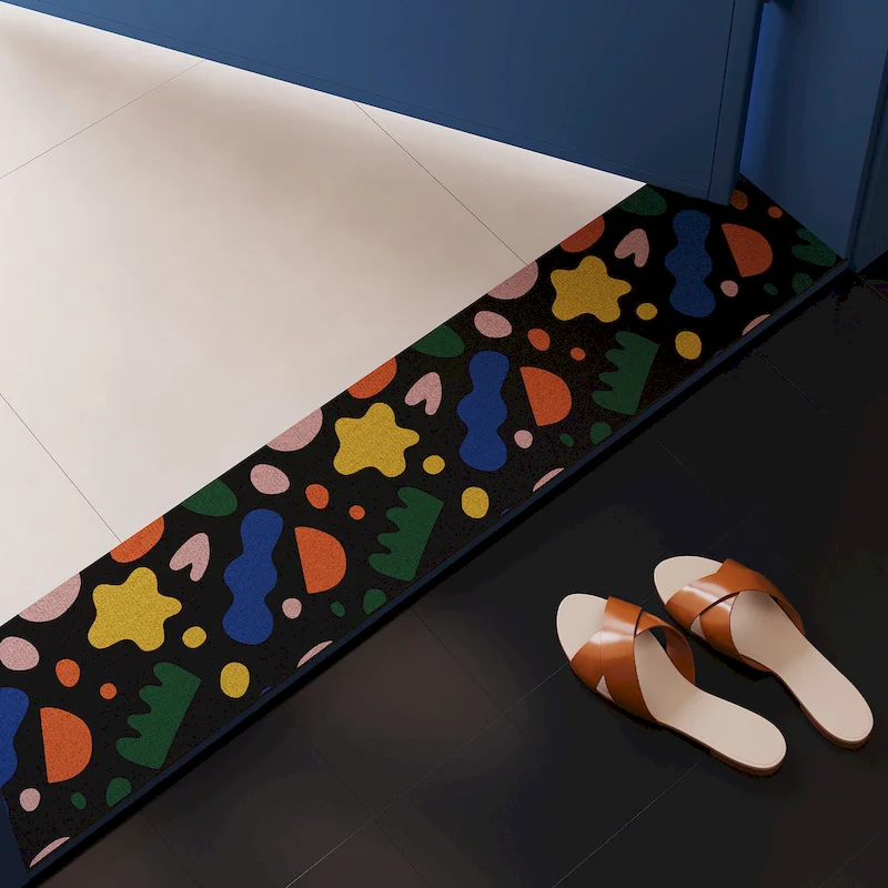 VIKAMA Black Background Abstract Pattern Long Strip Door Mat, Colorful Irregular Printing Anti Slip Floor Mat Home Decoration
