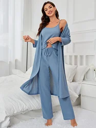 Knitted Women Pajama Set 3 Piece Sleeveless Lettuce Top & Drawstring Full-Length Pants & Solid Robe Sleepwear Homewear Nightwear