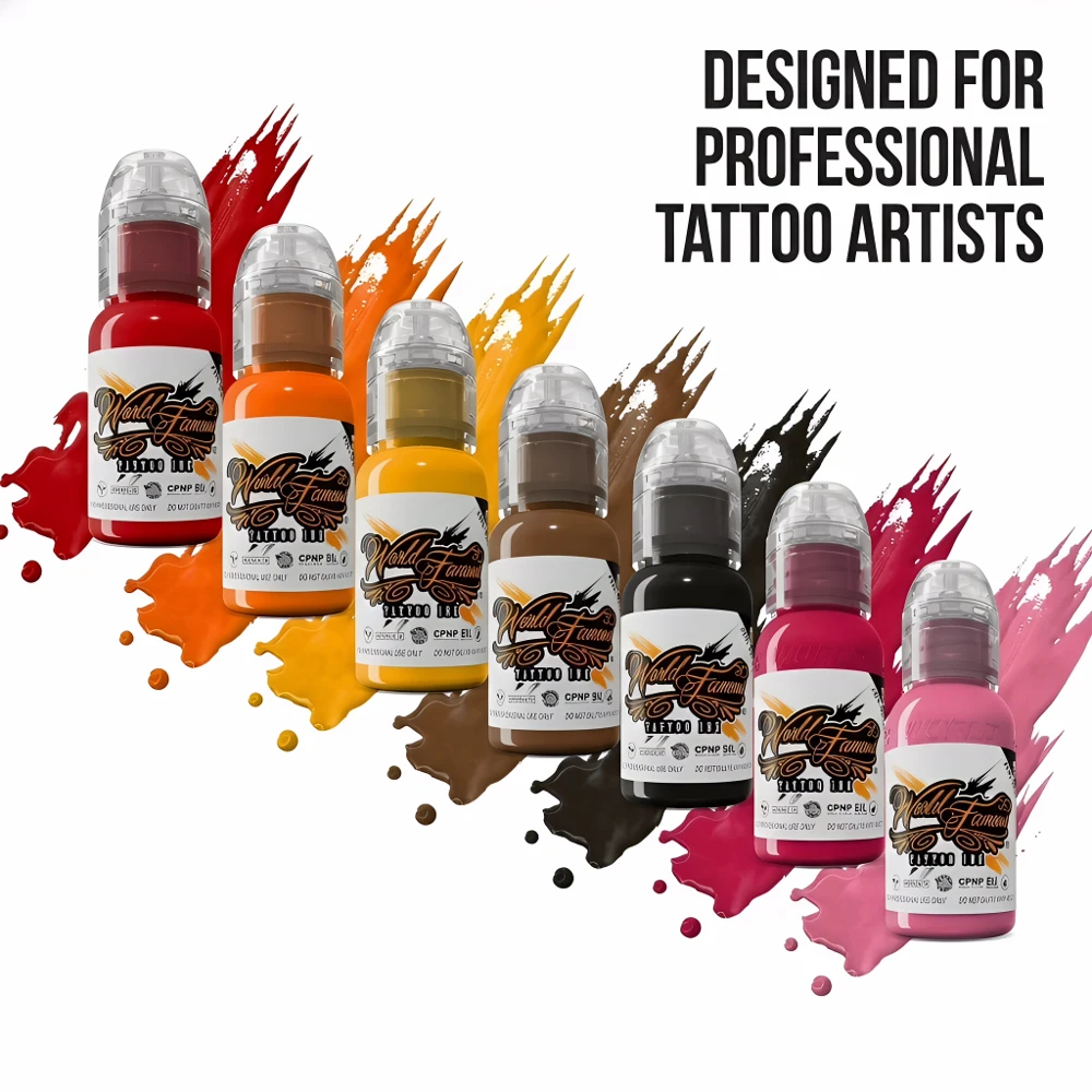 Juego de 7 tintas para tatuajes de 15 ml/botella, incluye: Sailor Jerry Red, Legendary Outlining, Everest Orange, Dubai Gold, Pink Floyd, Sakura, Sahara