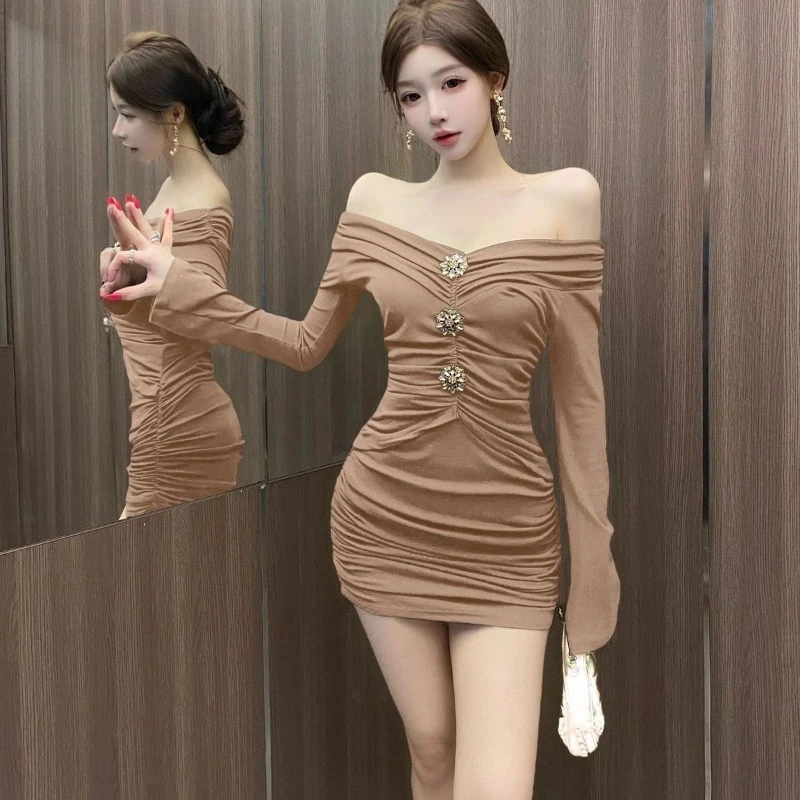 2026 Women's Autumn Long Sleeve One Shoulder Bodycon Dress High Waist Pleated Mini Skirt Elegant Casual Party Outfit​