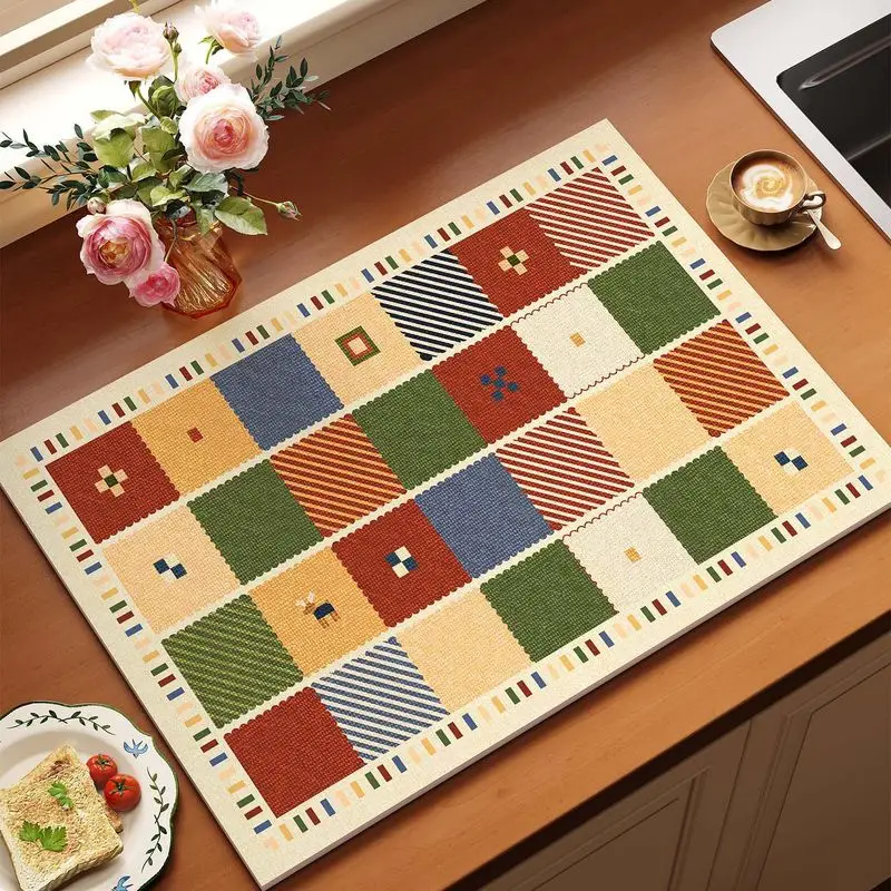Retro Serrated Seam Patchwork Plaid Kitchen Drain Mat, Anti Slip Coffee Machine Tableware, Kitchen Countertop Protection Mat