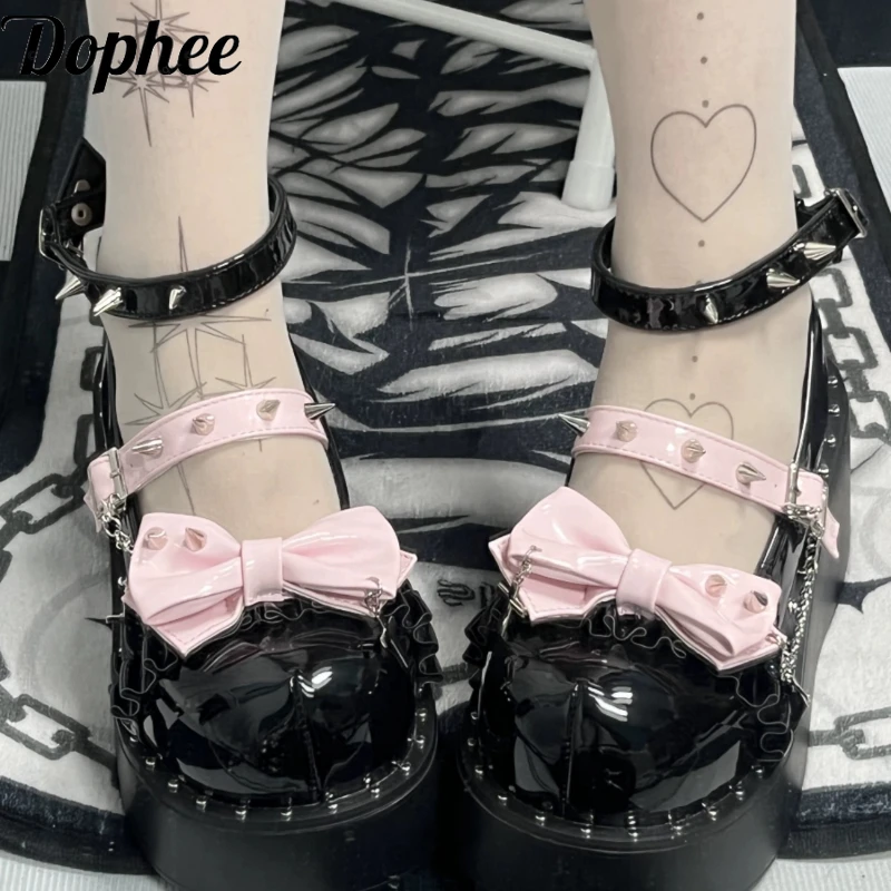 

Dophee Original Spice Girls Round Toe Thick Soled Shoes Y2k Punk Cute Bow Lolita Shoes Rivet Subculture Students Platform Shoes