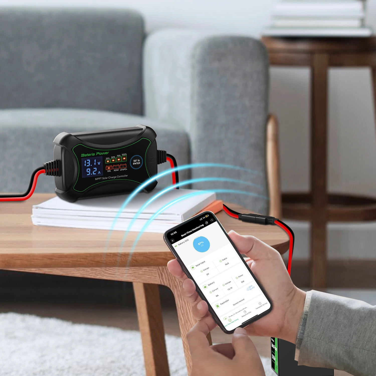 Imagem -05 - Controlador de Carga Solar sem Fio Mppt 10a com bt Bateria de Energia 12 Volts Telefone App Controle Inteligente Regulador Solar com Lcd
