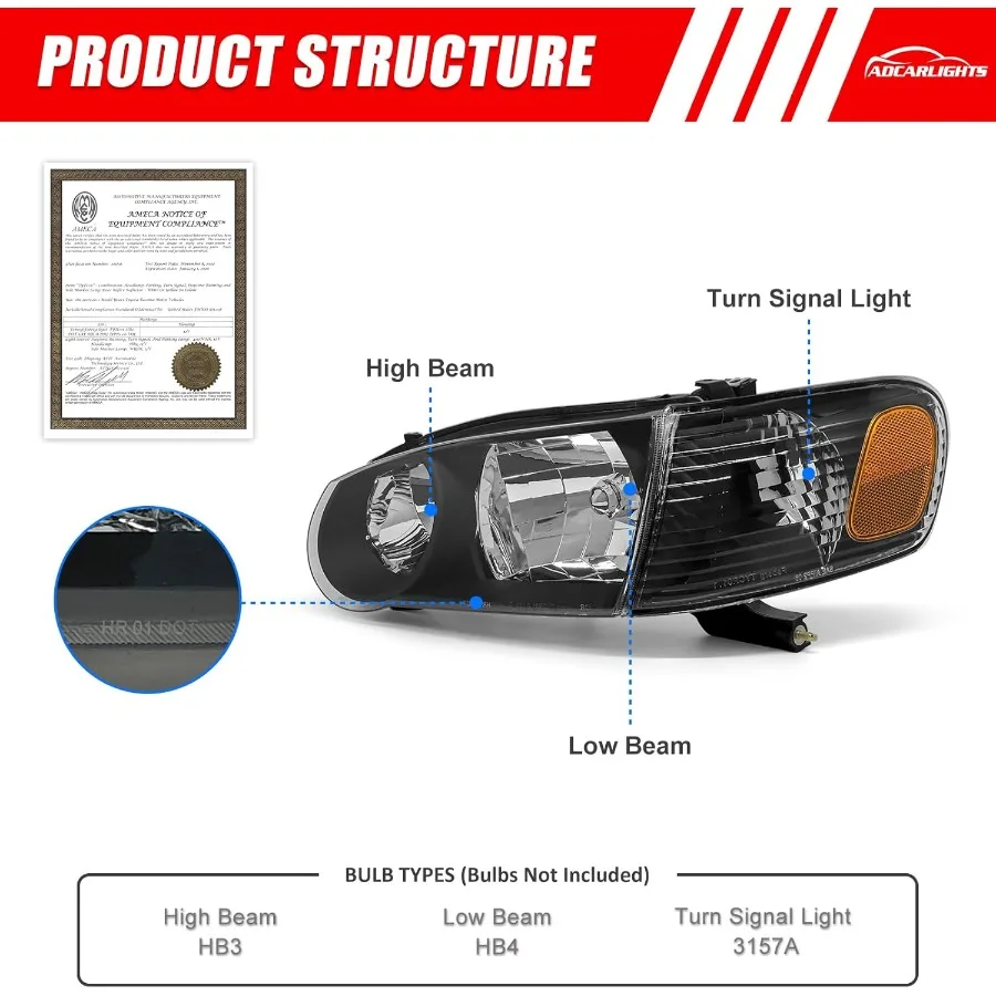 Compatible with 2001 2002  Corolla Headlight Assembly Headlamps Replacement Featuring Black Housing and Amber Reflector for Dri