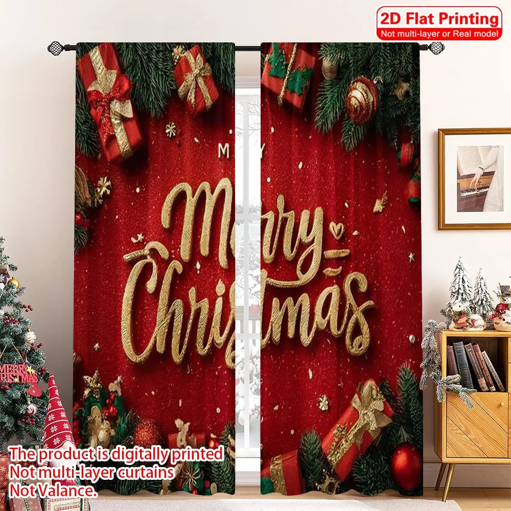 

2pcs 2D flat printing Merry Christmas Window Curtains Merry Christmas4 Machine Washable Polyester Without Electricity Family