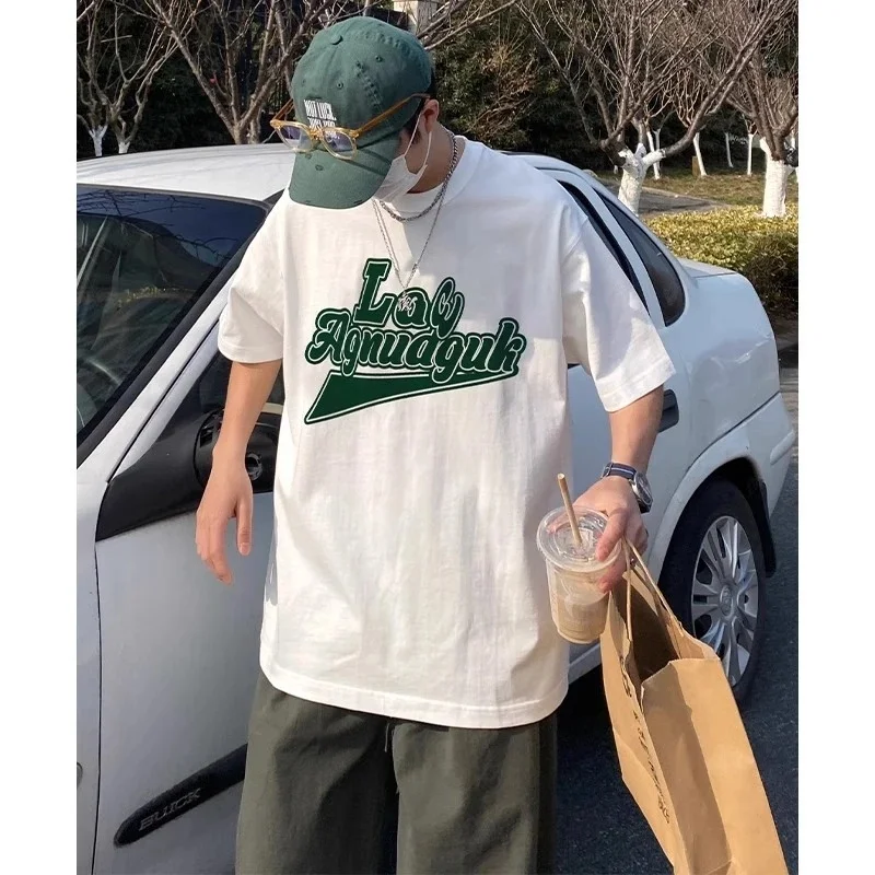 Large Size Men's T-irt ort Sve Letter Print Loose Fit round Ne Summer Top Cotton Casual Faion Youth Trend