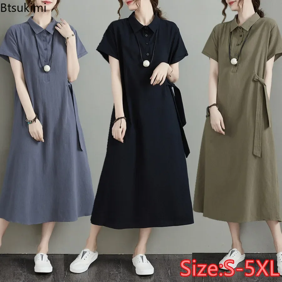 

Summer Cotton Linen Lapel Shirt Dress for Women Casual Literary Temperament Dress Office Ladies Solid Short Sleeve Midi Dresses