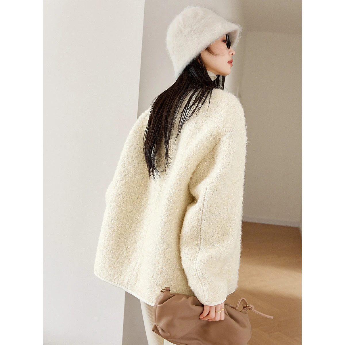 VIMLY 여성용 울 코트 우아한 2025 겨울 캐주얼 라운드 넥 트위드 코트 긴 소매 패딩 퀼트 루즈 여성 재킷 M9531