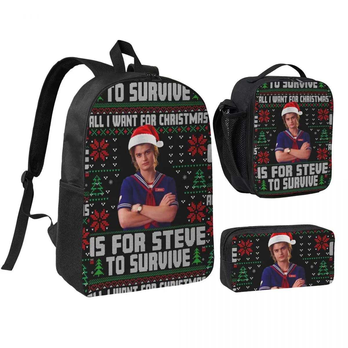 3pecs/set All I Want Is For Steve To Survive Steve Harrington Backpack for Student Canvas Bags Lunch bag Pencil Case