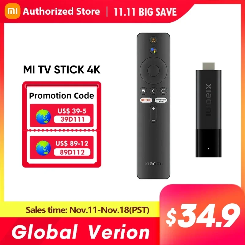 Глобальная версия Xiaomi Mi TV Stick 4K Android 11, ТВ-ключ BT5.0, портативная потоковая передача, многоязычная