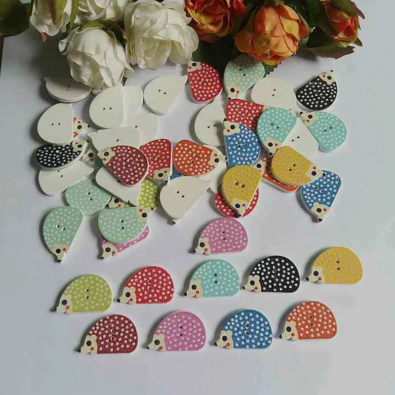 50pcs/pack mix Pattern Hedgehog   tons Cartoons Wooden button sewing clip   decoration accessories   2 Holes 17x25mm