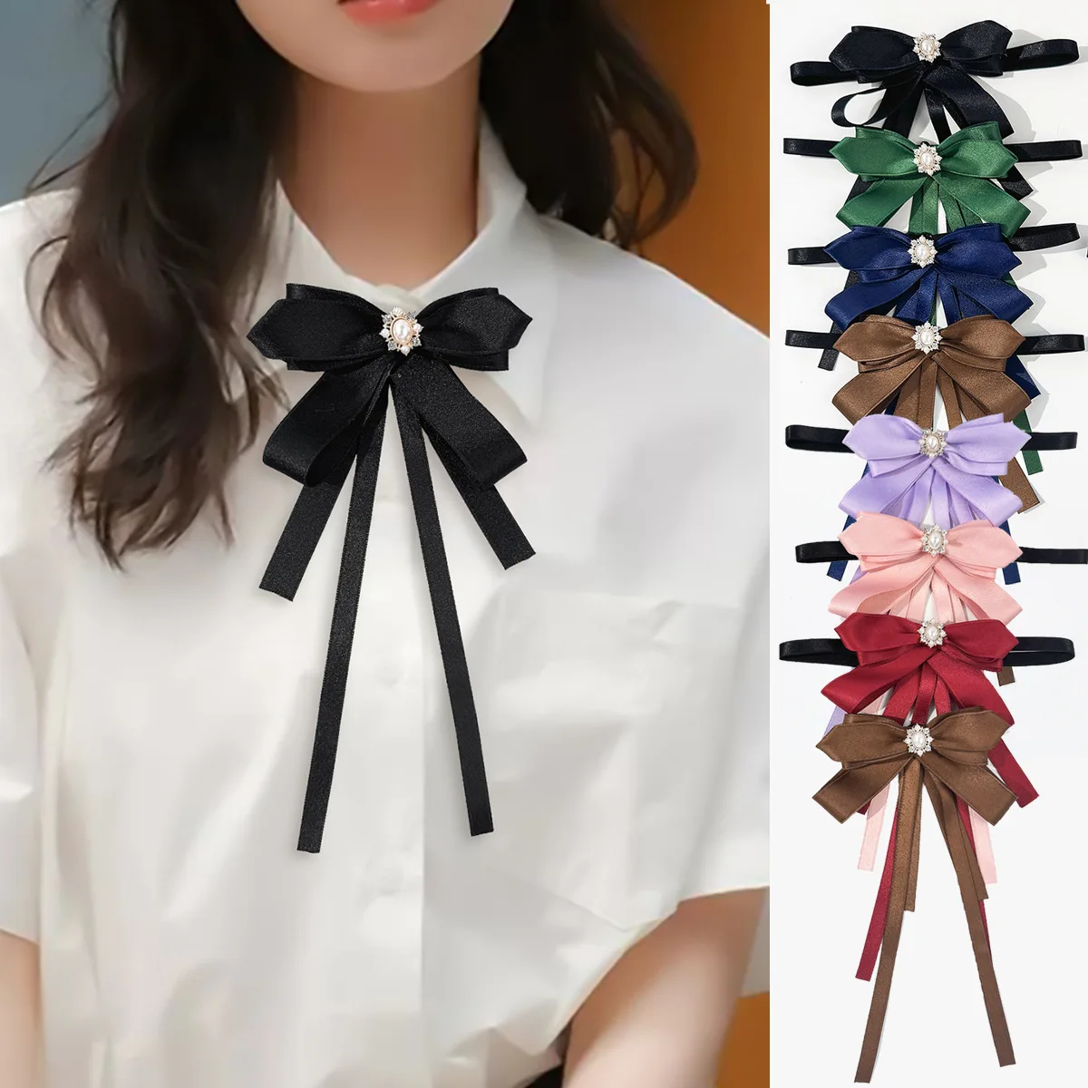 Women Bow Tie Retro Rhinestone Bowknot Ribbon Shirt Collar Brooch Pin Accessory Silver Polyester Metal Comfortable Office Party