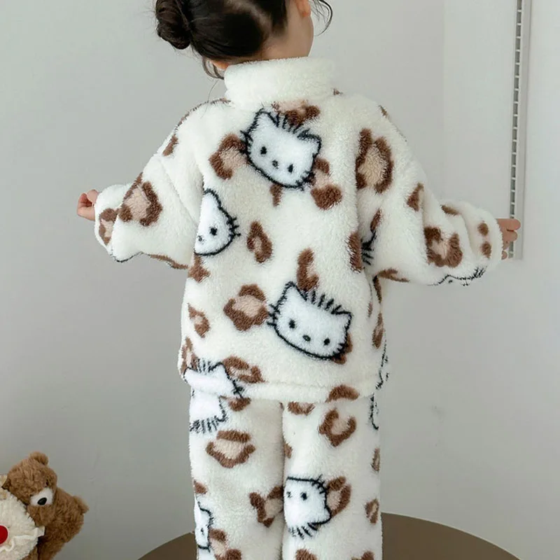 أنيمي مرحبا كيتي جديد الفانيلا ملابس المنزل لخريف شتاء لطيف ليوبارد طباعة سترة دعوى الطفل الدافئة الكرتون منامة دعوى