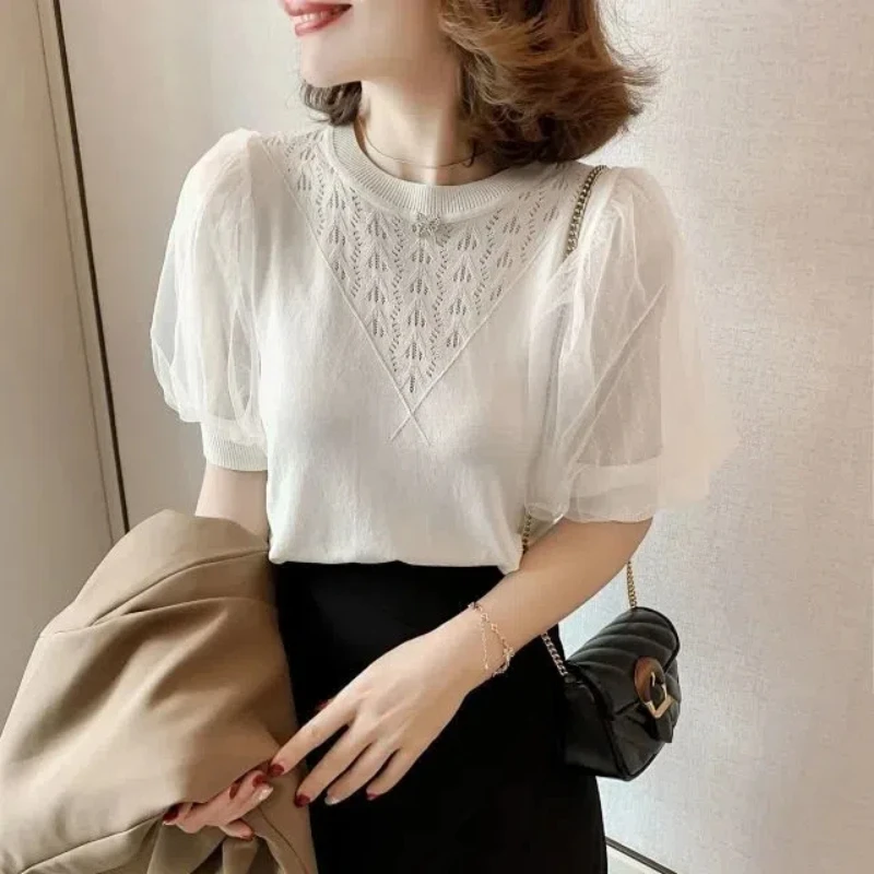 Temperament Summer Solid Thin Women\'s Ice Silk O-Neck Hollow Out Gauze Patchwork Fashion Elegant Short Sleeve Slim Knit Tops