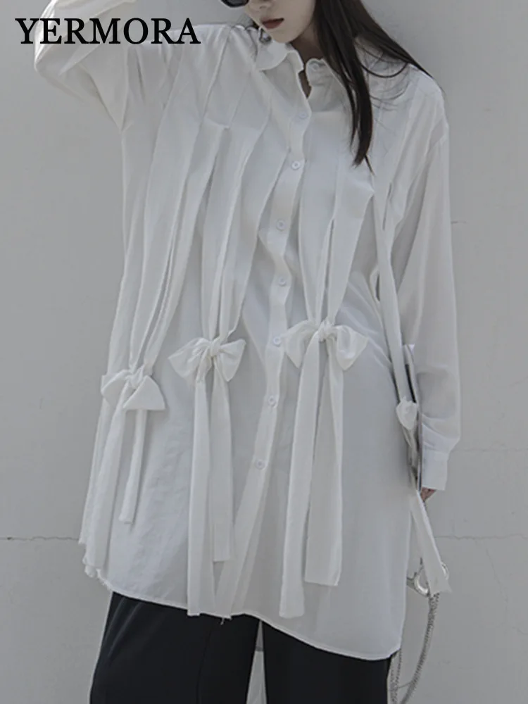 

YERMORA White Irregular Ribbon Tassel Casual Blouse For Women Lapel Long Sleeve Loose New Shirt Fashion Tide Srping Autumn 2025