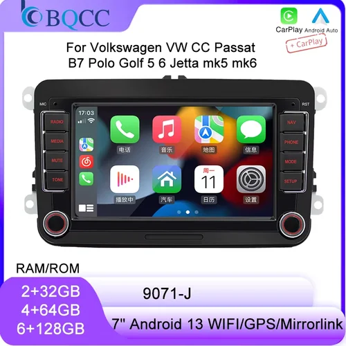 Imagen 1 del producto BQCC 9071-J 7 ""reproductor de coche para Volkswagen VW CC Passat B7 Polo Golf 5 6 Jetta mk5 mk6 Mirrorlink FM WIFI GPS RDS Carplay inalámbrico