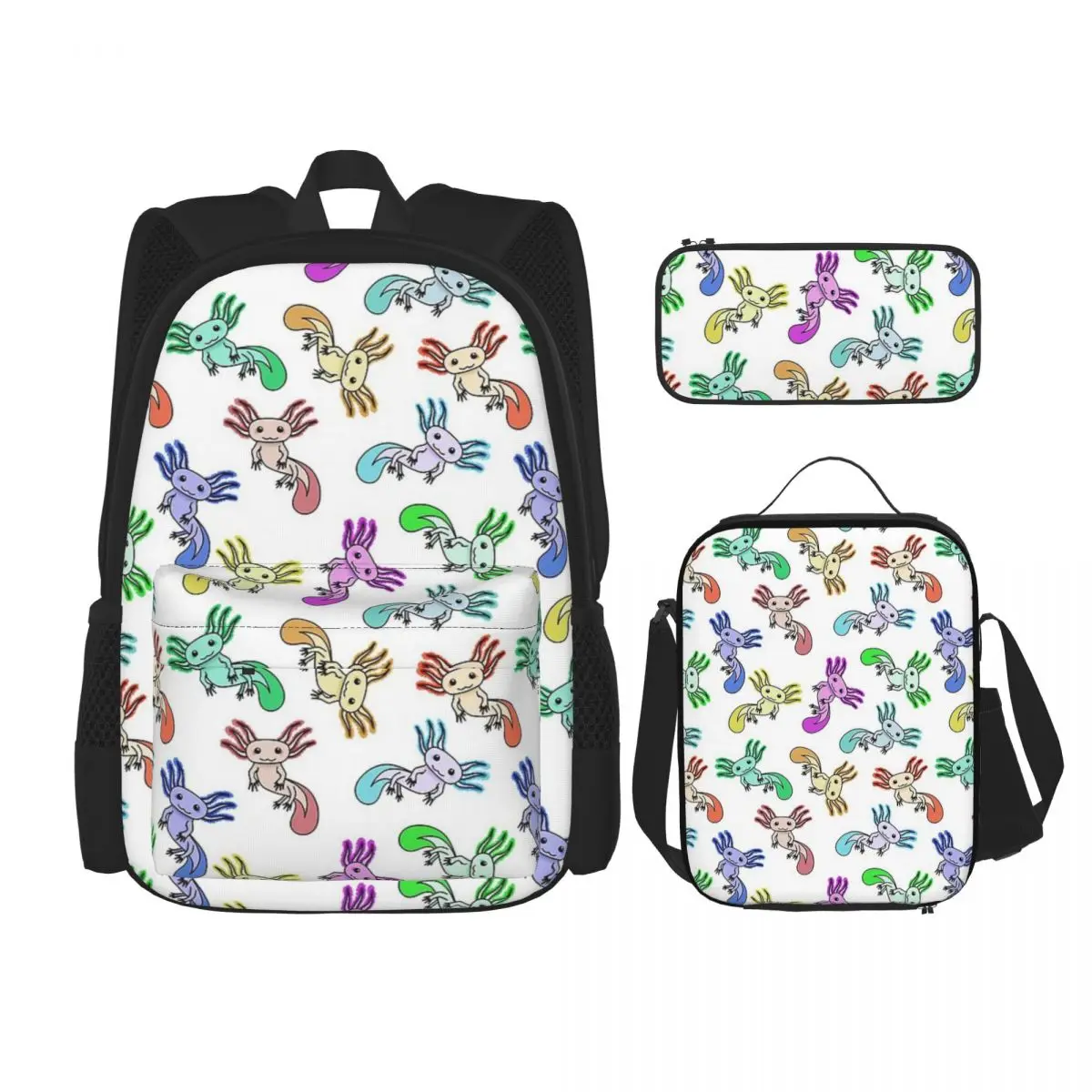 

Axolotl Sea Animal Backpacks Boys Girls Bookbag Students School Bags Kids Rucksack Lunch Bag Pen Bag Three-Piece Set