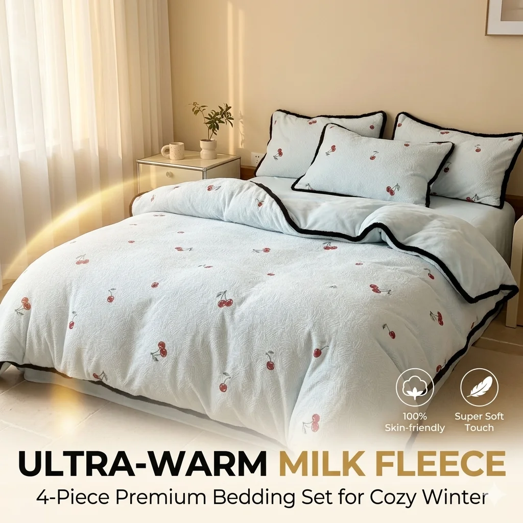 Ins Cherry Fleece Bedding Set 4Pcs Thick Winter Warm Duvet Cover King Queen Size Soft Milk Velvet Bed Sheet Pillowcases