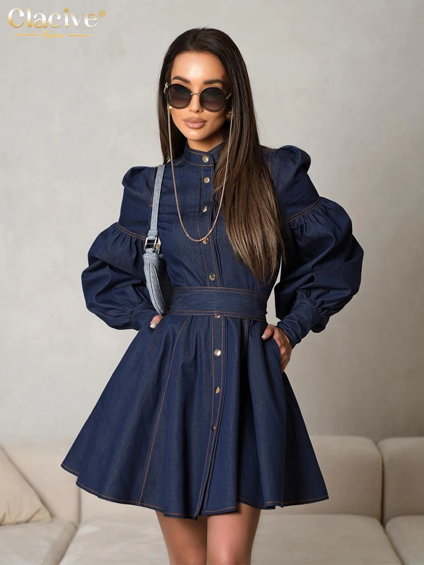 Clacive Fashion Slim Blue Denim Women's Dress 2024 Elegant Stand Collar Long Sleeve Mini Dresses Vintage High Waist Female Dress