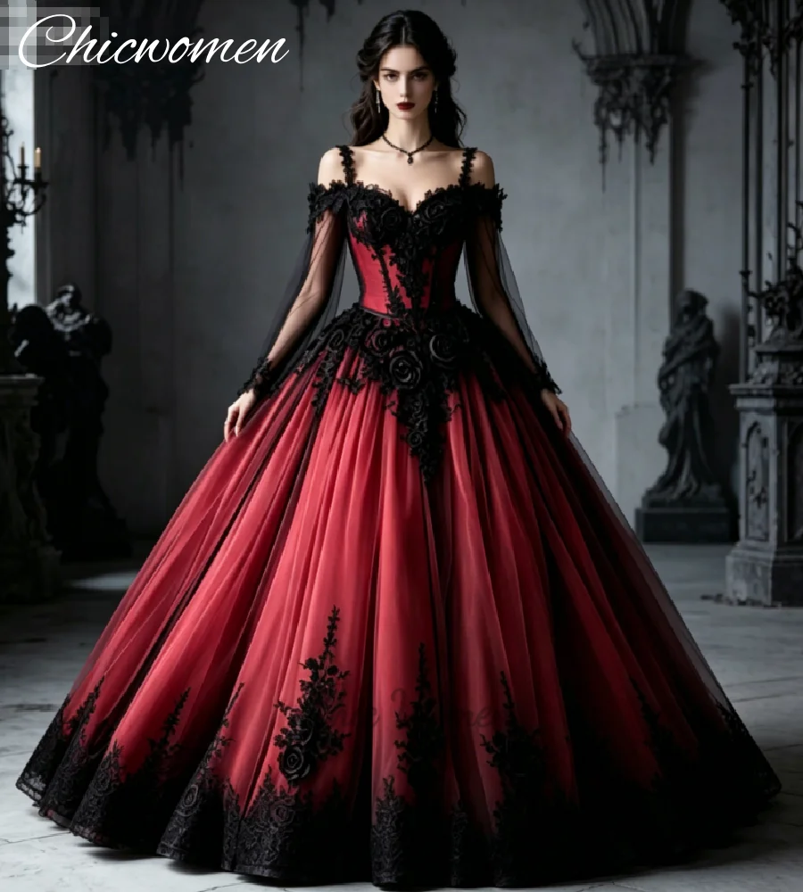 Vintage Black Red Ombre Wedding Dress Princess Long Sleeve Lace Gothic Bridal Gowns Vampire Halloween Ball Gown Plus Size Tulle