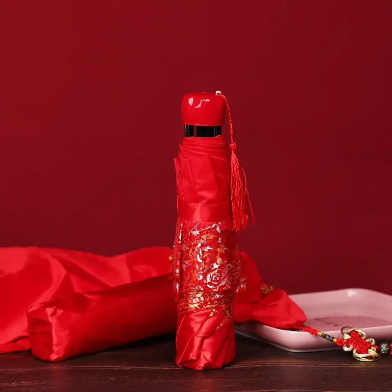 Wedding bridal umbrella bright red folding umbrella sunny and rainy bride's outing tri-fold umbrella