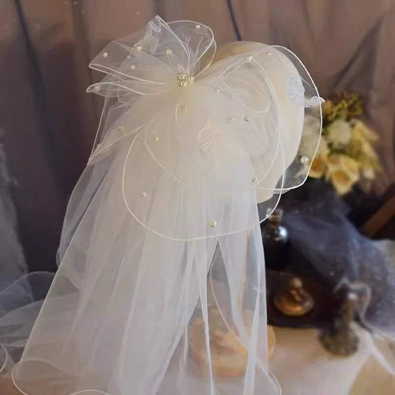 

AA23 Original Design Queen Veil For Wedding Party Bow Pearls Shoulder Length Bridal Accessory Travel Photography Women Headwear