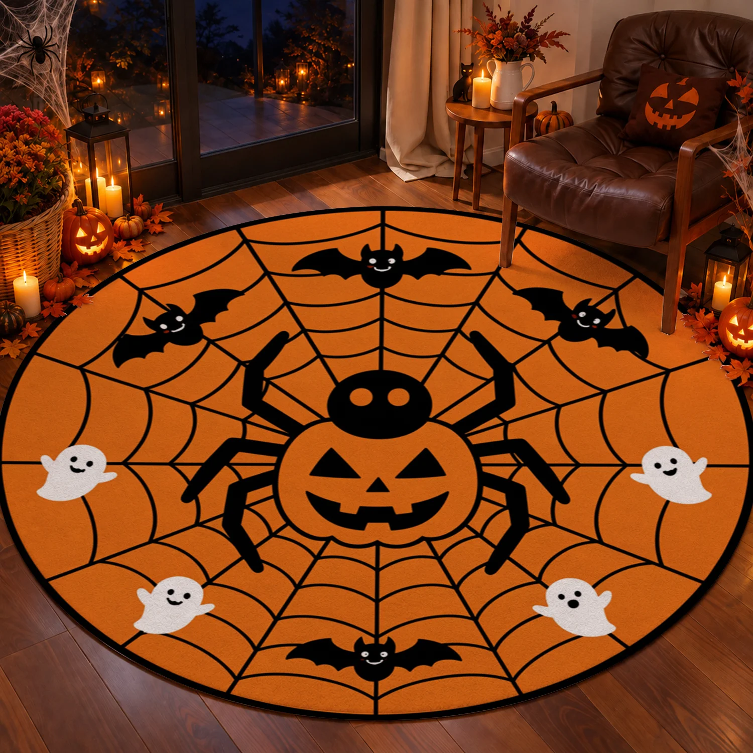 Halloween Spider Pumpkin Bat Ghost Pattern Round Velvet Rug, Machine Washable, Ideal for Living Room Bedroom Entryway Dining Area, Great for Halloween Thanksgiving Black Friday Cyber Monday Christmas New Year Home Decor