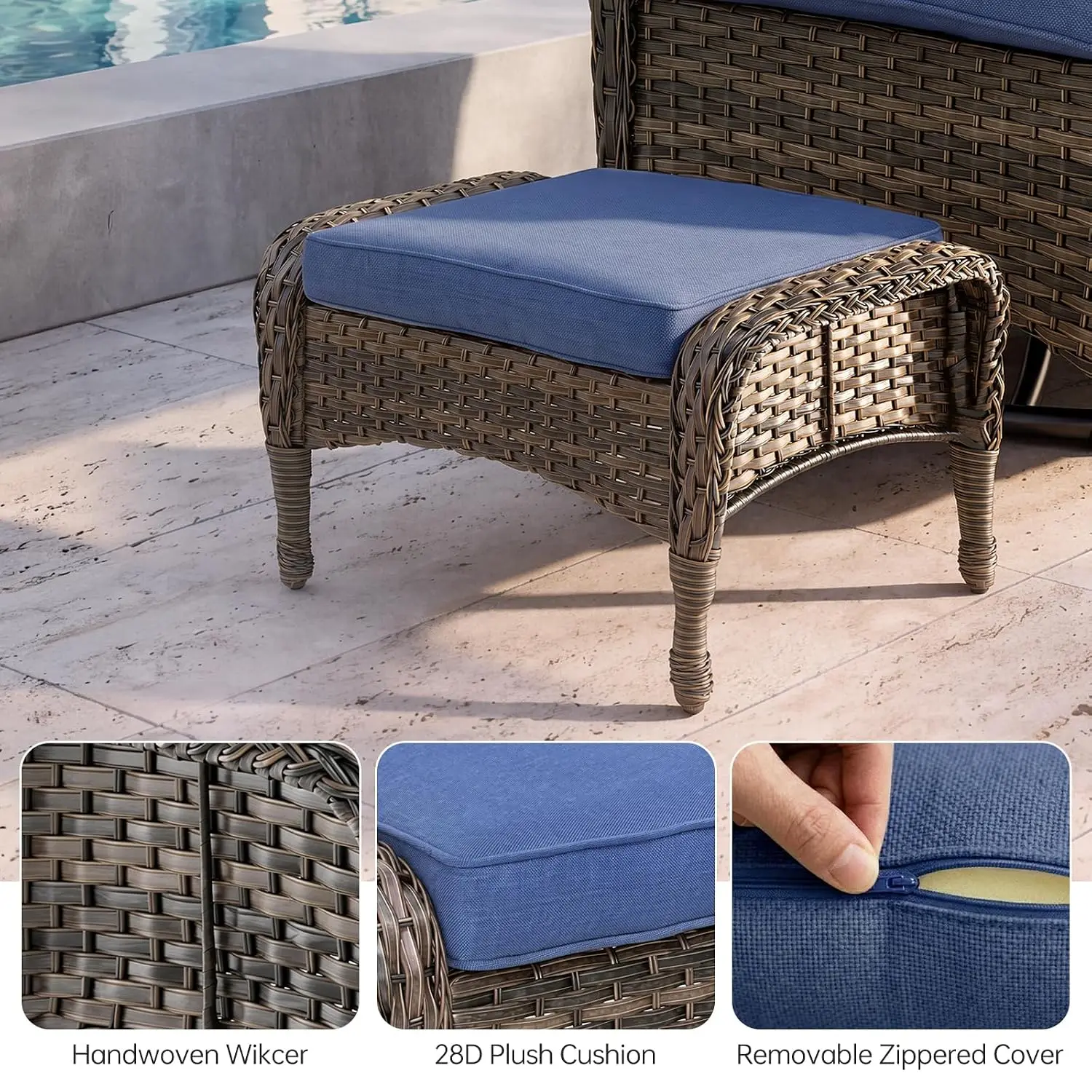 2PC Outdoor Wicker Ottoman Thick Cushion All Weather PE Rattan Footrest Stool Handwoven Patio Seat Porch Deck, Customized