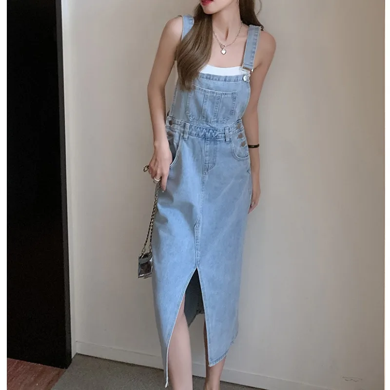 Summer Women's Mid-Length Denim Suspender Dress Front Split Strap Bodycon Dress Casual Slim Fit Ladies' High Waist Dress