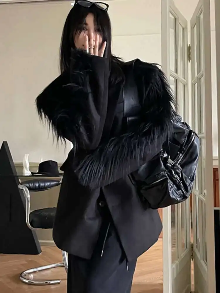 ZMEENNA Langarm Patchwork Faux Pelz Woolen Frauen Mantel 2024 Herbst Winter Mode Vielseitig Temperament Designer Anzug Jacke