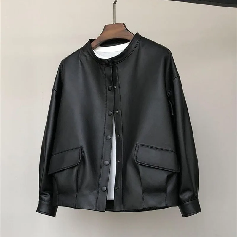 Veste courte en cuir noir pour femme, manteau décontracté, haut de gamme, mode féminine, printemps, automne, nouveau, 2023