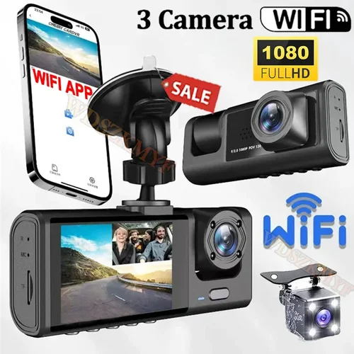 Imagen 1 del producto Cámara de salpicadero de 1080P para coche, aplicación WiFi, 3/2 lentes, grabadora de vídeo para vehículo, cámara frontal y trasera, cámara de visión nocturna