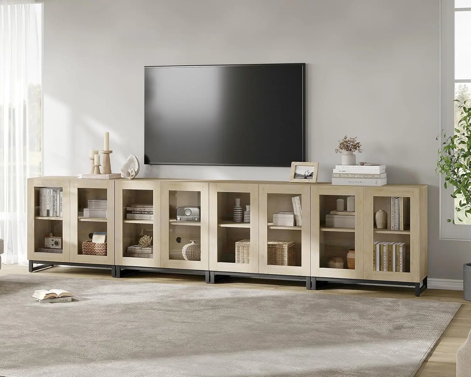 Modern TV Stand with Glass Doors for 80-120 inch TVs, 4 in 1 Entertainment Center Console with Adjustable Shelves, Customized