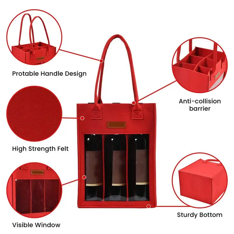 6 Bottle Wine Carrier Tote Wine Tote Bag Divider Handle Felt Wine Storage Tote Bag Reusable Grocery Bags Portable Wine Carriage