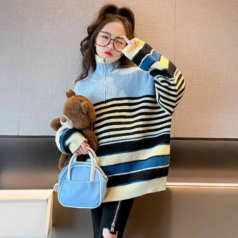 

Korean Autumn Winter Children Girl Sweaters Teenager Girl Half Zip High Collar Striped Kintwears School Girl Warm Kintted Tops