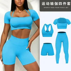 Conjunto de ioga sem costura para mulheres, camisas de treino, calças esportivas, sutiã, shorts de fitness, leggings de cintura alta, conjuntos esportivos