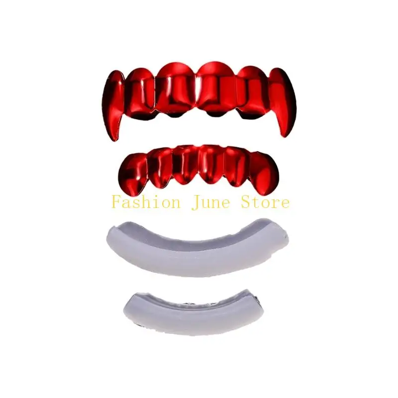 N5KA Red Metallic Tooth Covers with Fitting Bars for Party and Cosplay Styling
