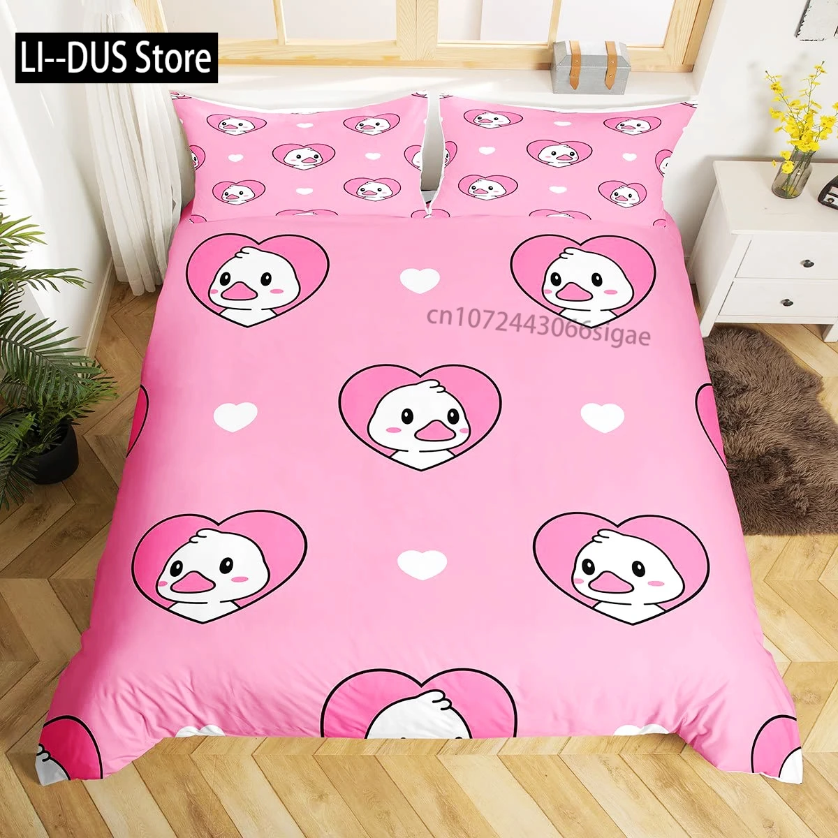 

Cartoon Duck Duvet Cover for Kids Boys Girls,Kawaii Duck with Crown Flowers Bedding Set, Animal Quilt Cover with 2 Pillowcase