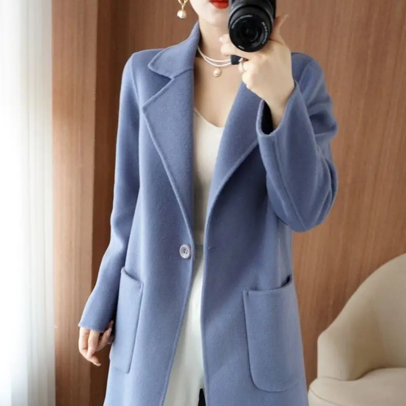 

% Pure wool double-sided woolen cashmere coat for women's autumn and winter medium and long foreign-style Mao Ni thin outer