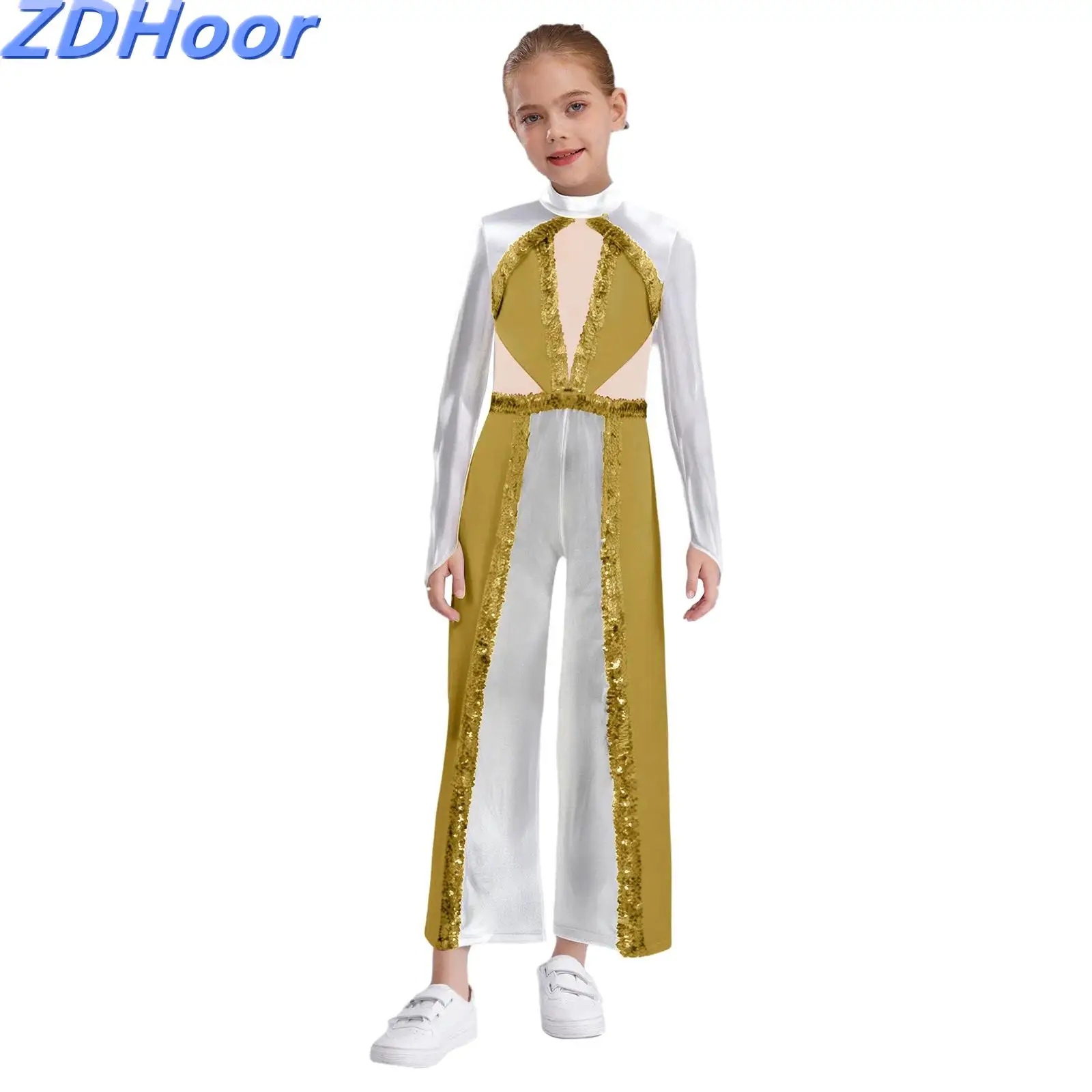 

Kids Girls Color Block Dance Jumpsuit Metallic Dance Jumpsuit Mock Neck Long Sleeve Mesh Patchwork Bodysuit